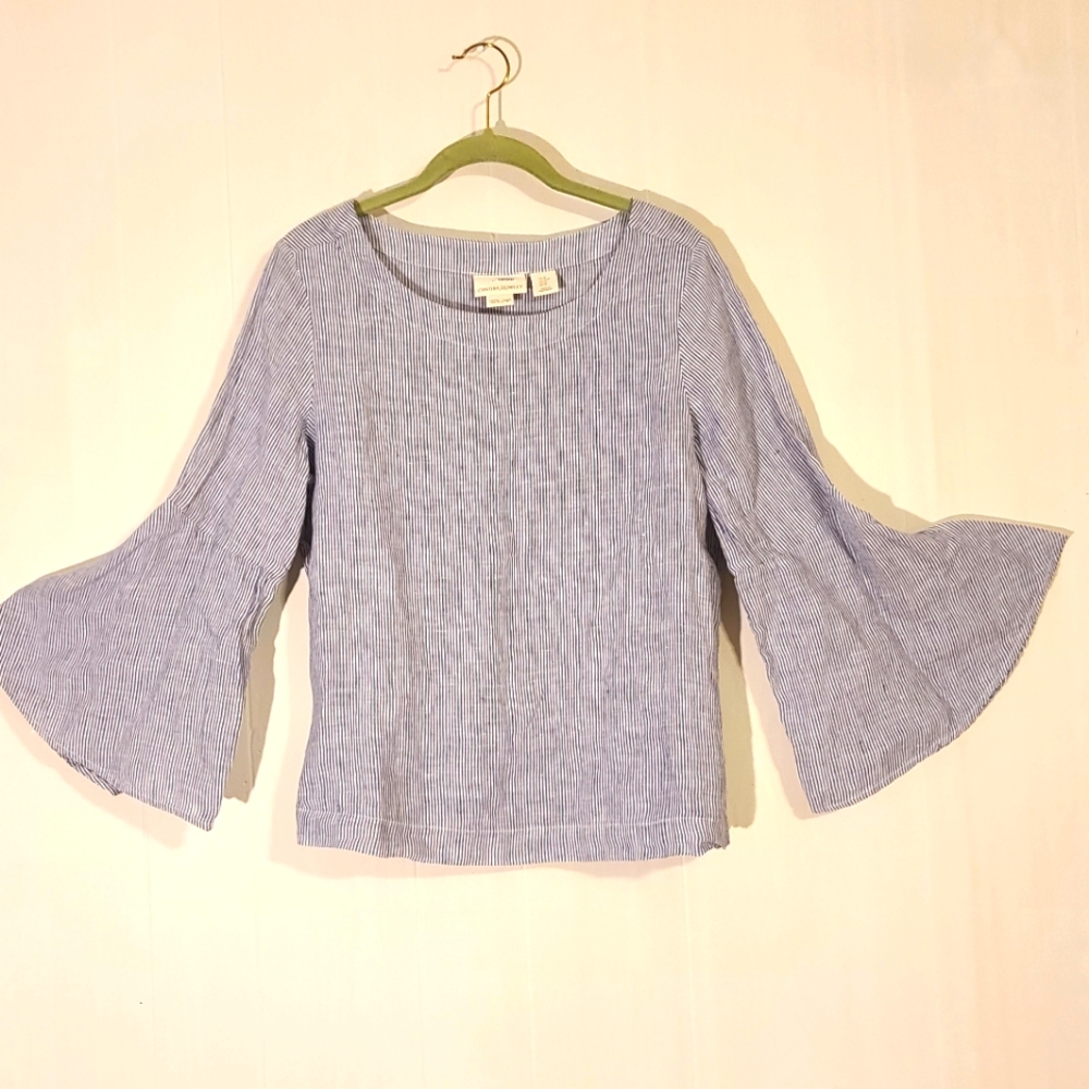 Cynthia Rowley Blue Striped Linen Bell Sleeve Top Size M